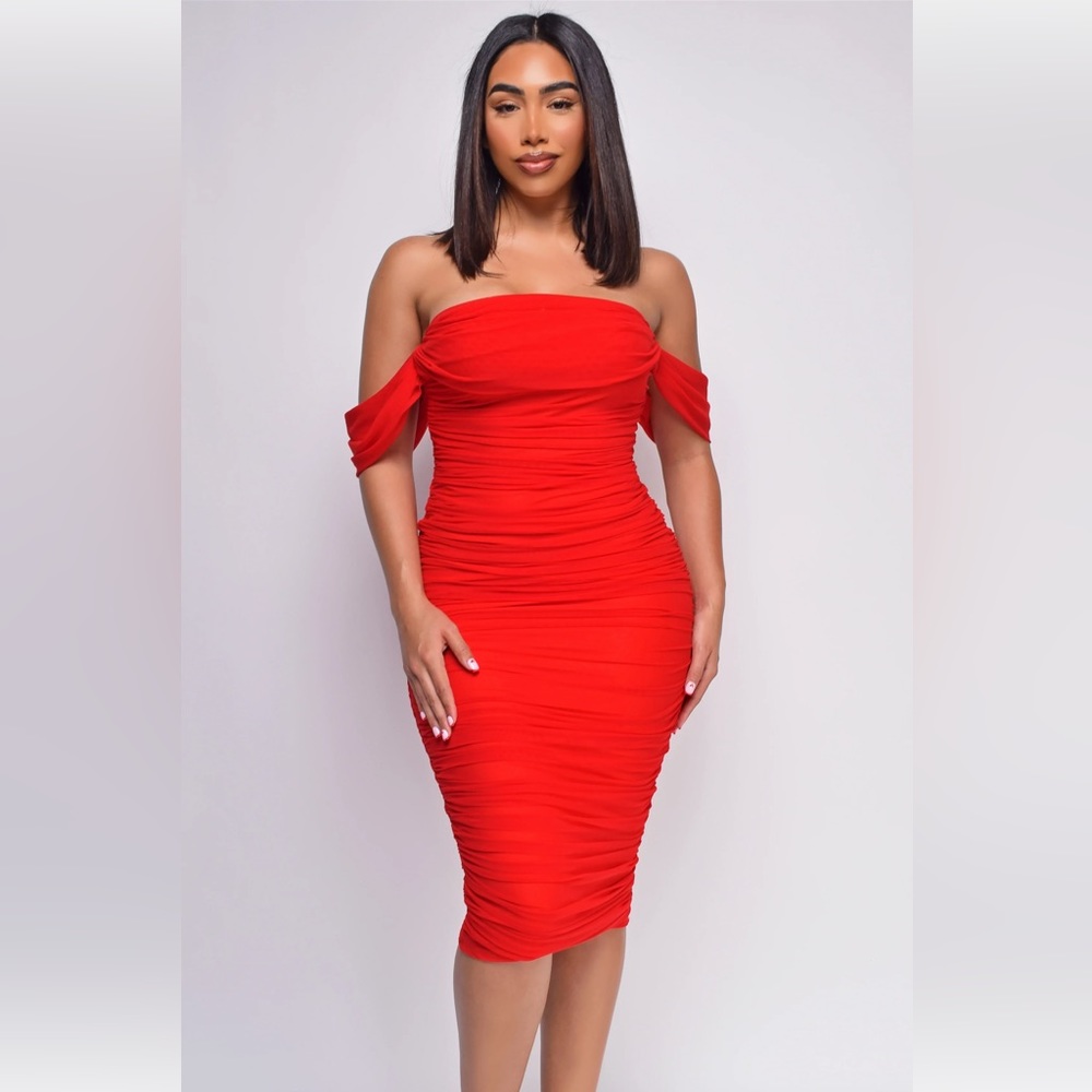 Emprada Kat Red Mesh Off Shoulder Dress